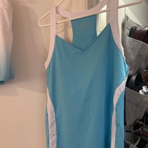 Light blue and white quick dry athletic skort set, golf, tennis and sports.